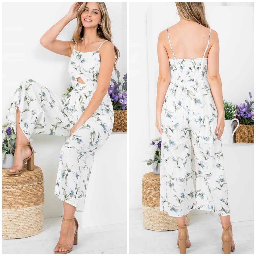 DOE & RAE White Floral Peek-A-Boo Cut Out Wide Leg Jumpsuit - Picture 2 of 9